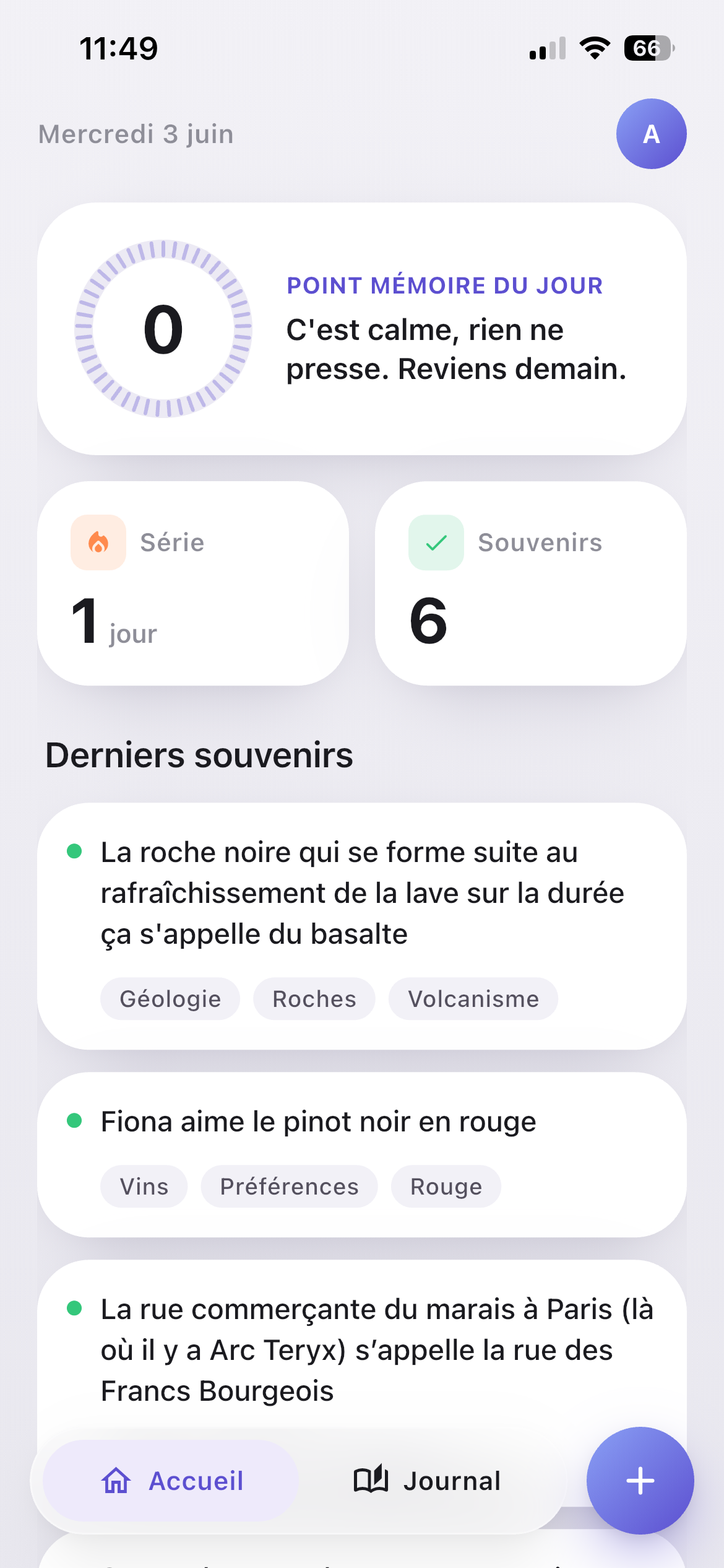 Écran d'accueil de Ceqoï : point du jour, série, souvenirs récents